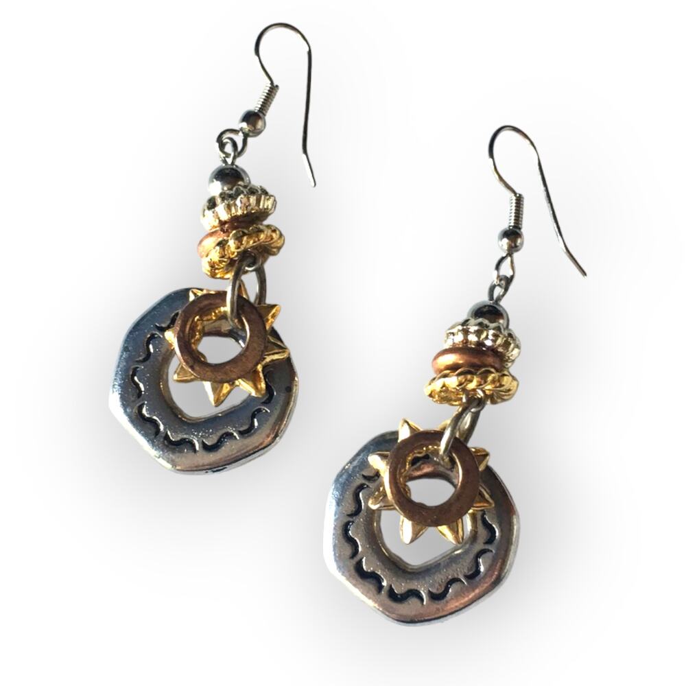Abstract rustic mixed metal fish hook earrings